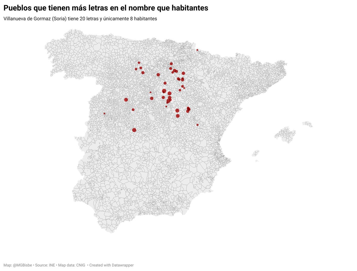 MGBisbe's tweet photo. Vi el otro día este mapa y no me he podido resistir: Los 48 pueblos en España con más letras en su nombre que habitantes: https://t.co/Udt9WMAZA4