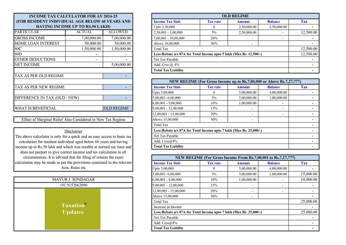 TaxationUpdates's tweet photo. INCOME TAX CALCULATOR FOR AY 2024-25
(FOR RESIDENT INDIVIDUAL AGE BELOW 60 YEARS AND HAVING INCOME UP TO RS.50 LAKH  AND WHICH WAS TAXABLE AS PER NORMAL SLAB RATES)

Enter Actual Amount of Income and Deductions and it gives you Calculation of Tax Amount as per Old Regime and New Regime and also indicate which regime is beneficial for you

To get the excel file kindly fill this Google form and Like/Re-post or Share this tweet 

Form Link https://t.co/KTxR0q6L0j
#TaxationUpdates