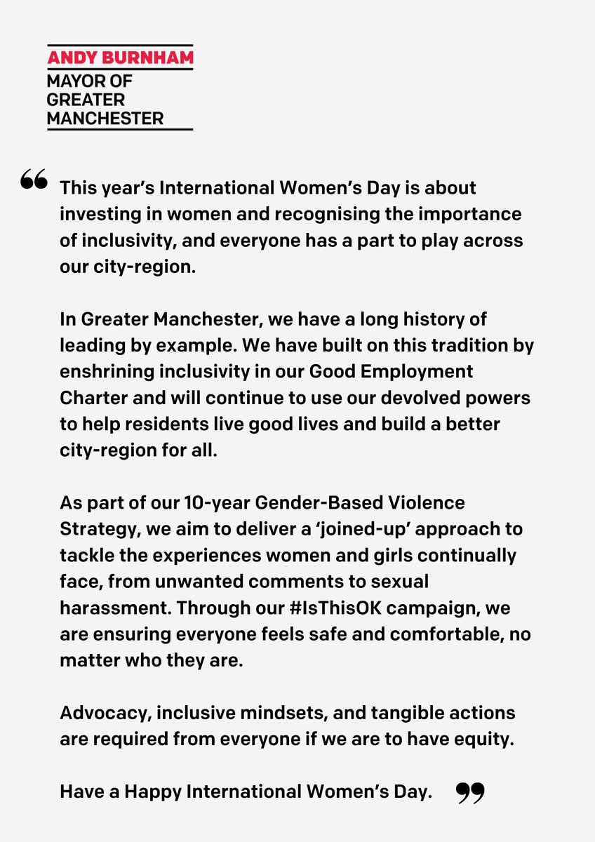 🗣 “Advocacy, inclusive mindsets, and tangible actions are required from everyone if we are to have equity.” This #IWD2024, Andy has reiterated our commitment to tackling gender-based violence and making Greater Manchester a safer place for women and girls. 👇