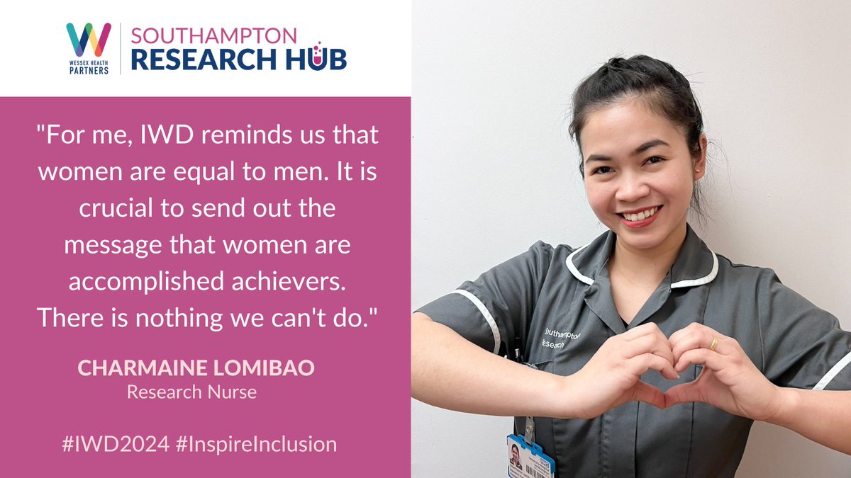 To celebrate #IWD2024 #InternationalWomensDay our research nurse Charmaine is striking the #InspireInclusion pose in @Soton_Hub @UHSFTresearch @southamptonCRF You can read more about Charmaine’s work in research here 👉 wessexresearchhubs.nhs.uk/post/celebrati…