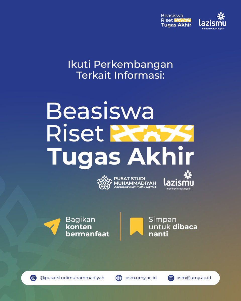 Sebelum beasiswa dibuka, yuk kenalan dulu dengan program baru ini.

Program beasiswa riset tugas akhir merupakan program baru yang dimiliki oleh Pusat Studi Muhammadiyah bekerjasama dengan LazisMu.

#Muhammadiyah #Pusatstudimuhammadiyah #LazisMu #Beasiswa