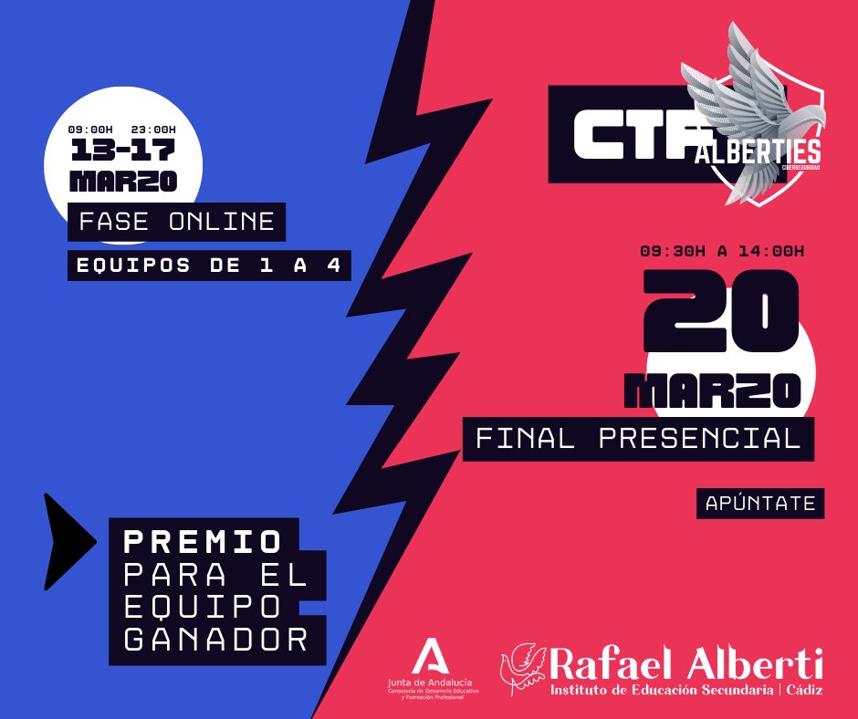 🚨🔒¡Aviso importante! Un año más, tenemos competición CTF de ciberseguridad 🏆💻 Fase online del 13-17 marzo y final presencial el 20 en la Semana Cultural 🎉 Forma equipos de 1-4 personas, solo para estudiantes del centro. ¡Inscríbete ya! 💪🏁 #Ciberseguridad #SemanaCultural