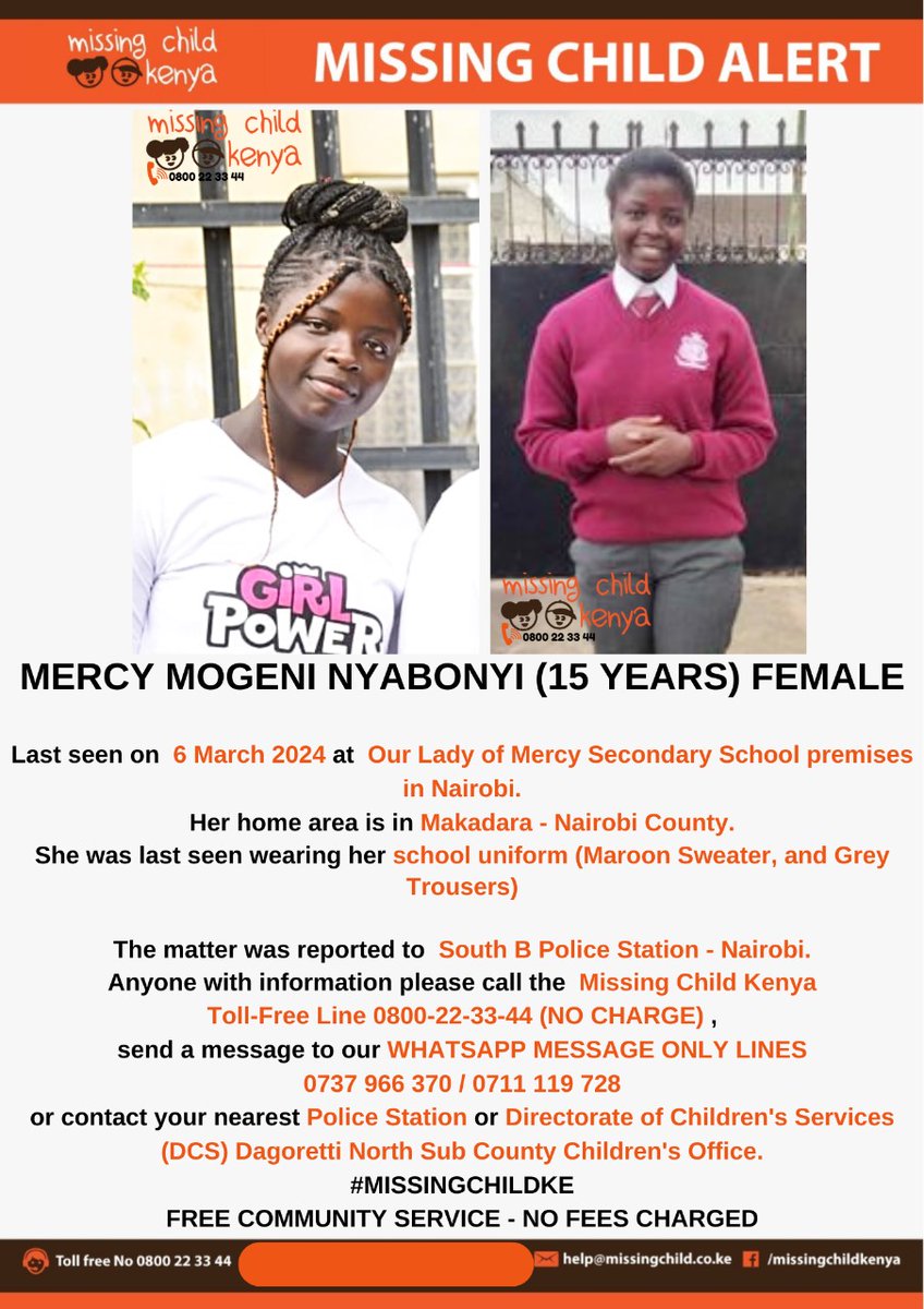 This girl from Our Lady of Mercy is missing. Please help share widely to help trece her. Thank you so much.