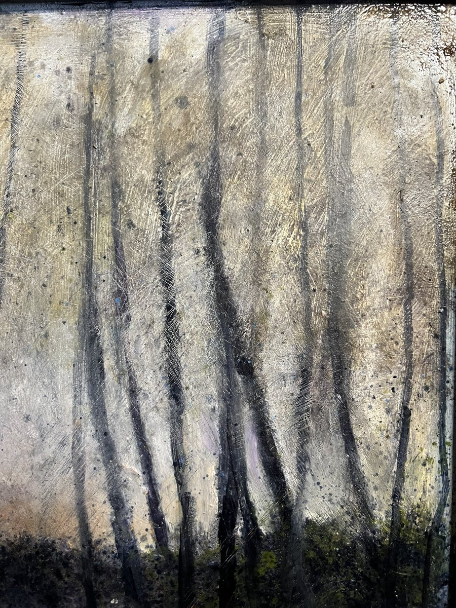 AnthonyLamble's tweet photo. A detail. It’s been a long time since I applied oil to canvas. I’d forgotten how much I love this medium. All of it- the mess too. Up on the wild hill. 
Last two of the Pinewood series to follow. 
#oilpainting #pinewoods #harrogate https://t.co/ZJSYpm7izR