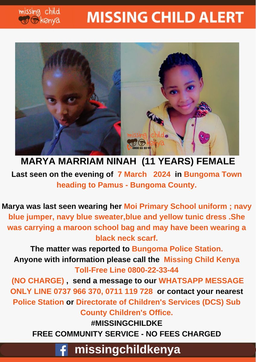 MISSING CHILD ALERT –PAMUS- BUNGOMA TOWN:- Marya Marriam Ninah (11 yrs) was last seen on 07/03/2024. Please share alert to help reunite her with family.