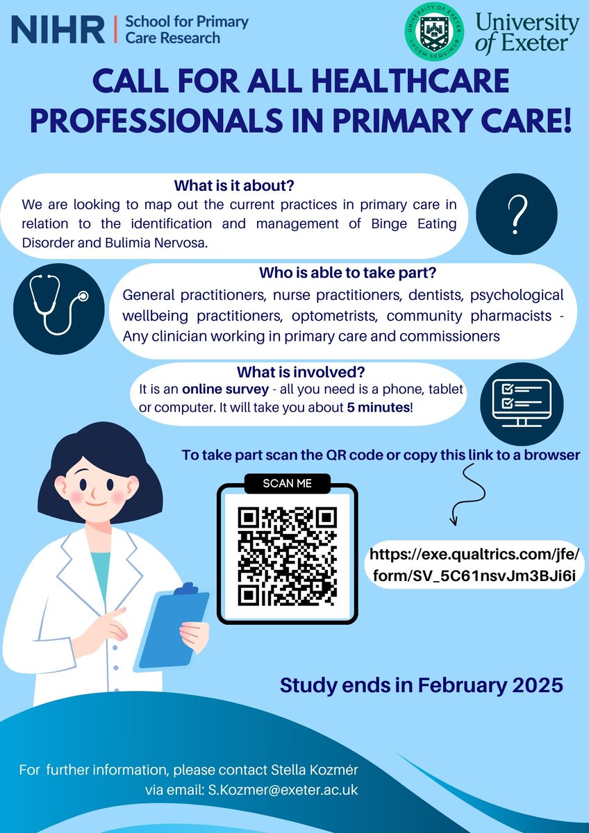 Link to survey: exe.qualtrics.com/jfe/form/SV_5C… Please share to help reach as many people as possible! @UoEAPEx @UniofExeter @uniofexeHLS @NIHRSPCR @NIHRresearch @NHSuk @sbvanbeurden @DrJaneRSmith @DrNatLawrence