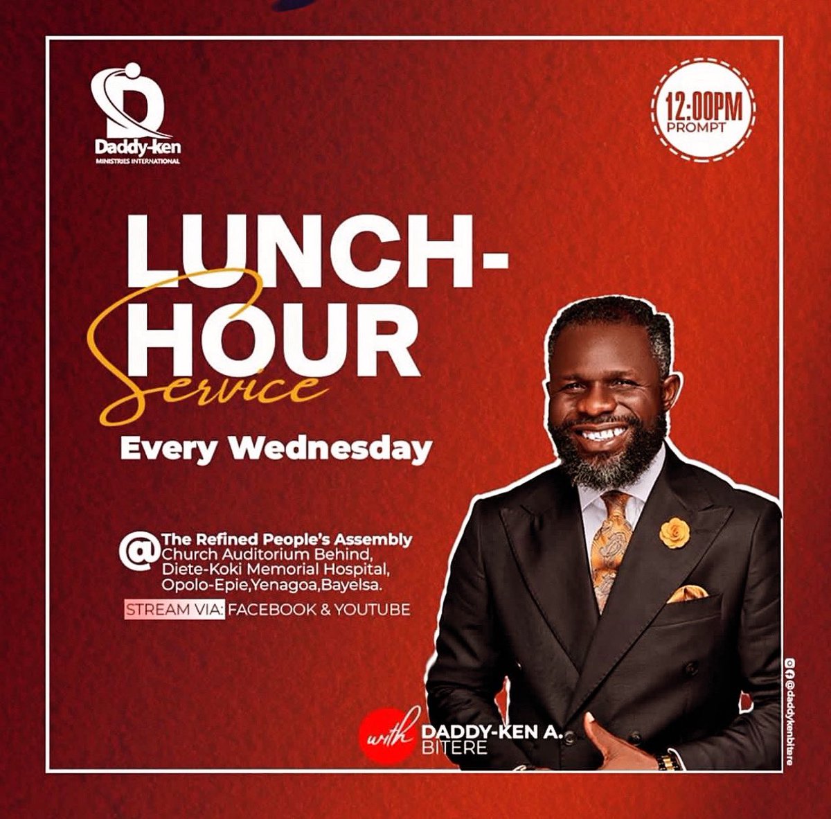daddykenbitere's tweet photo. Lunch Hour Service holds today at 12:00pm.
You can be a part of the Service on YouTube at Daddy-Ken A. Bitere.
#dkmi #daddyken #trepa #refined #lunch #lunchhour https://t.co/xYnreSiNBZ