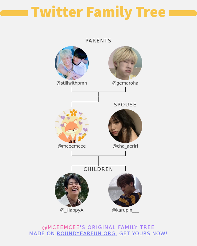 ๐ฅ (@mceemcee) on Twitter photo ๐จโ๐ฉโ๐งโ๐ฆ My Twitter Family:
๐ซ Parents: <a href="/stillwithpmh/">สฒแตโฟโฟสธ๐ค๐๐บ๐ฆฆ</a> <a href="/gemaroha/">Gem๐๐</a>
๐ฐ Spouse: <a href="/cha_aeriri/">aeriel ๐ซ๐ง๏ธ</a>
๐ถ Children: <a href="/_HappyA/">โ.ห โพ .โญห</a> <a href="/karupin___/">h e i d i</a>
โก๏ธ funxgames.me/twitterfamily?โฆ ๐จโ๐ฉโ๐งโ๐ฆ My Twitter Family:
๐ซ Parents: <a href="/stillwithpmh/">สฒแตโฟโฟสธ๐ค๐๐บ๐ฆฆ</a> <a href="/gemaroha/">Gem๐๐</a>
๐ฐ Spouse: <a href="/cha_aeriri/">aeriel ๐ซ๐ง๏ธ</a>
๐ถ Children: <a href="/_HappyA/">โ.ห โพ .โญห</a> <a href="/karupin___/">h e i d i</a>
โก๏ธ funxgames.me/twitterfamily?โฆ