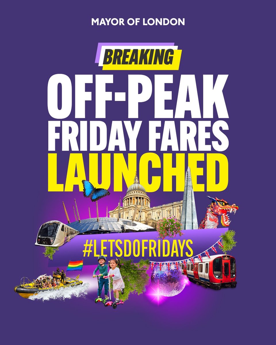 Off-peak Fridays are here! Starting today, Tube and rail fares are off-peak all day on Fridays. 

This trial is not only a boost for commuters but also our restaurants, pubs, shops and cultural venues.

#LetsDoFridays #LoveLondon