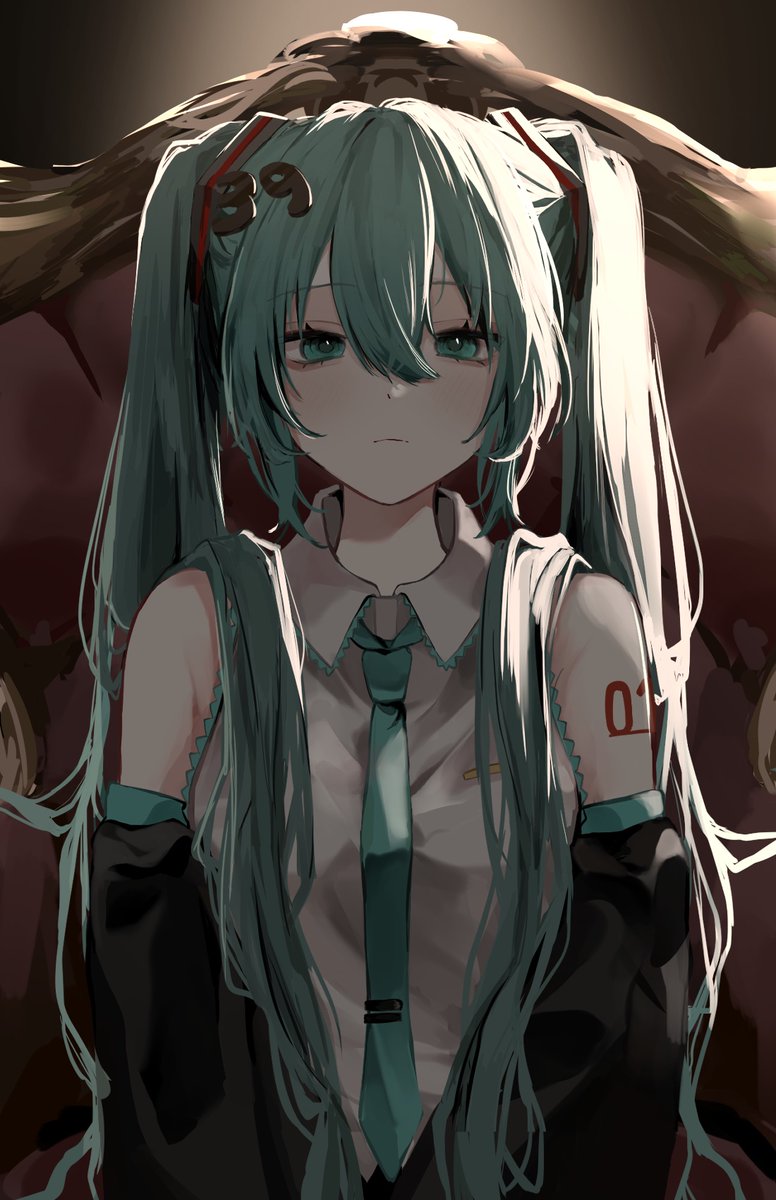 hatsune miku 1girl solo long hair twintails necktie detached sleeves looking at viewer  illustration images