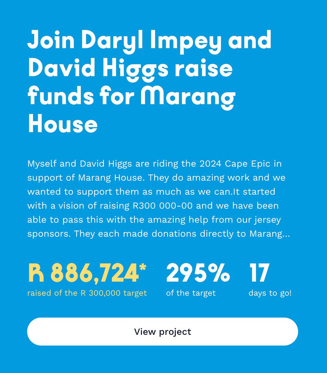 Can we try raise R1 million for Marang House ? Both <a href="/David_Higgs/">David Higgs</a> and I are so pumped by your support for them and we have raised our target to R1 million by the time the <a href="/CapeEpic/">capeepic</a> finishes . 

Please join us here givengain.com/project/daryl-…

#Belekker #1million
