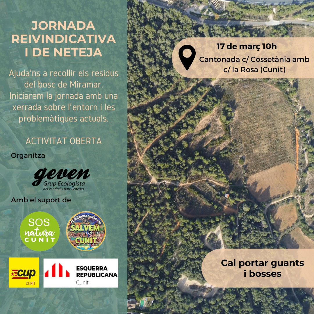 GEVEN2punt0's tweet photo. ♻️🌳🌿 Ens ajudes a recollir els residus del bosc de Miramar? 
Tens algun dubte sobre la situació actual de les problemàtiques mediambientals de #Cunit? 
Doncs vine el diumenge 17 de març!📝 

T'esperem!

📍Cantonada c/. Cossetània amb c/. De la Rosa (Cunit) 
🕙10h

#Residus https://t.co/l2nNFzhrMy