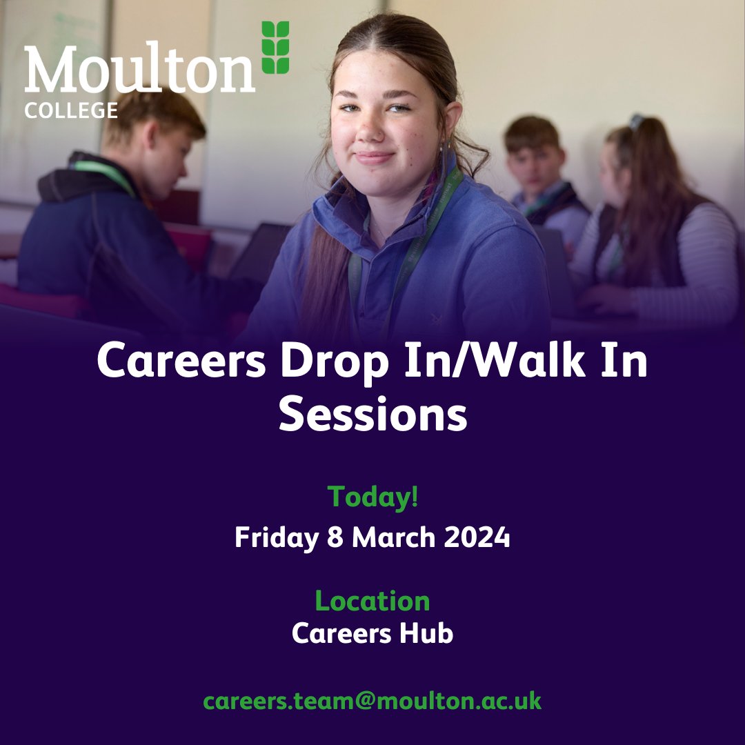 Concluding our Careers Week with a final Drop-In session at the Careers Hub, open all day to all students!

Speak to our careers team for any advice and guidance you may need. 

Remember, support is available beyond today! #CareersAdvice #NCW #moultoncareers #careersmoulton