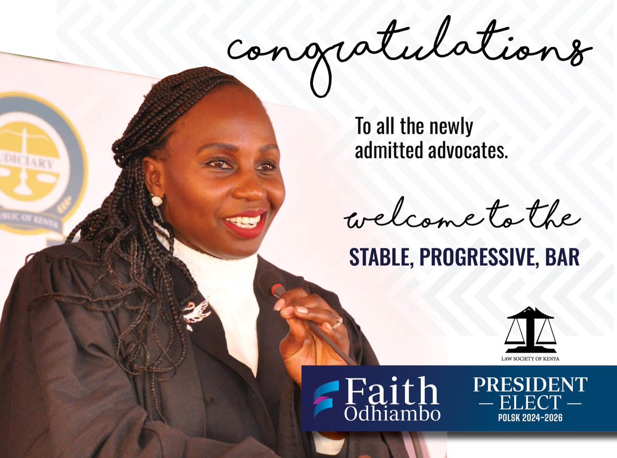 We are happy to welcome the newly admitted budding legal professionals to the Bar. You are greatly privileged to join the <a href="/LawSocietyofKe/">Law Society of Kenya</a> when the promise of a stable progressive bar is on course. 

We acknowledge the indefatigable effort that has got you this far, and we