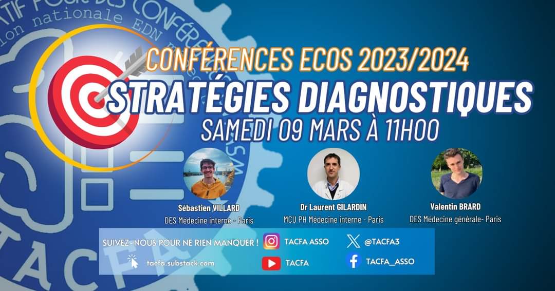RDV demain, samedi 9 mars à 11h pour la conférence ECOS #5 du <a href="/TACFA3/">TACFA</a> dédiée au domaine d'apprentissage "stratégie diagnostique". 
Merci au Dr Laurent Gilardin et à Valentin Brard pour leur participation !  

Les sujets sont en ligne ici : drive.google.com/drive/folders/…

A demain ☕