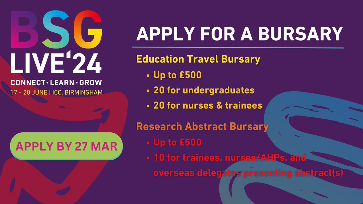 We are delighted to offer education travel and research abstract bursaries for #BSGLIVE24, taking place this June in Birmingham 💰 Each bursary of up to £500 can be used to reimburse the costs of registration, travel and/or accommodation! bit.ly/48cnKqN