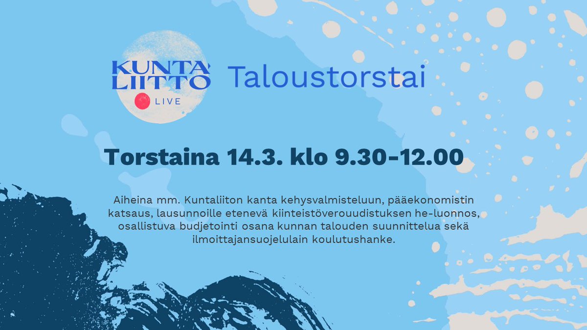 Kuntaliitto's tweet photo. Taloustorstai-lähetys tulee taas📺✨Reilun parin tunnin aikana jälleen paljon ajankohtaista kuntatalousasiaa👉
📆to 14.3.2024 
⏰klo 9.30-12
📺@studiolinjat

Tutustu ohjelmaan ja ilmoittaudu👉https://t.co/xmvnFoOhXn

#kuntatalous #kunnat https://t.co/R3EAO9dXw3