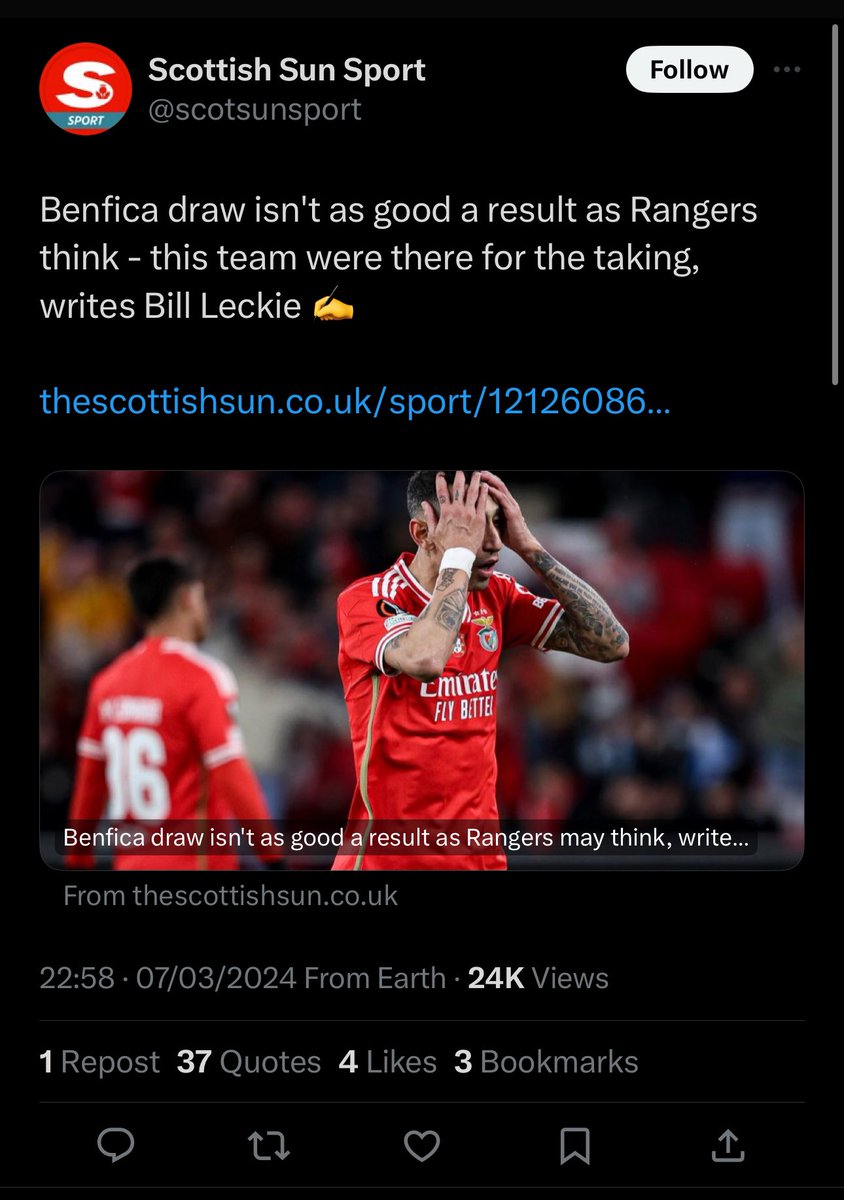 This is why we can’t have nice things in Scottish football. Benfica spent nearly €100m this season, are ranked 20th in Europe and have never lost a home game in the Europa League. 

“There for the taking”. Moron.