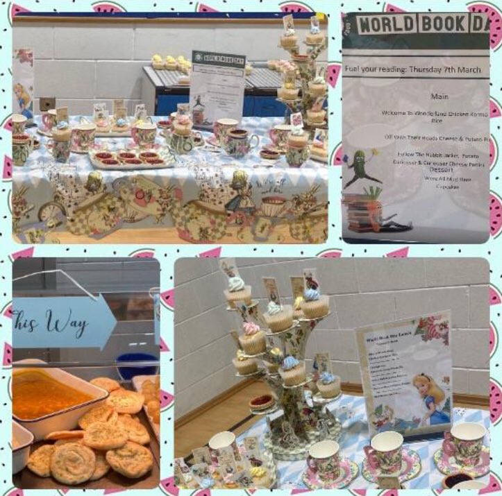 World book day Alice in wonderland themed lunch <a href="/MorleyPlace/">Morley Place Academy</a> and the desserts looked delicious <a href="/mellorscatering/">Mellors Catering Services</a> 🌎 📚 #WorldBookDay2024