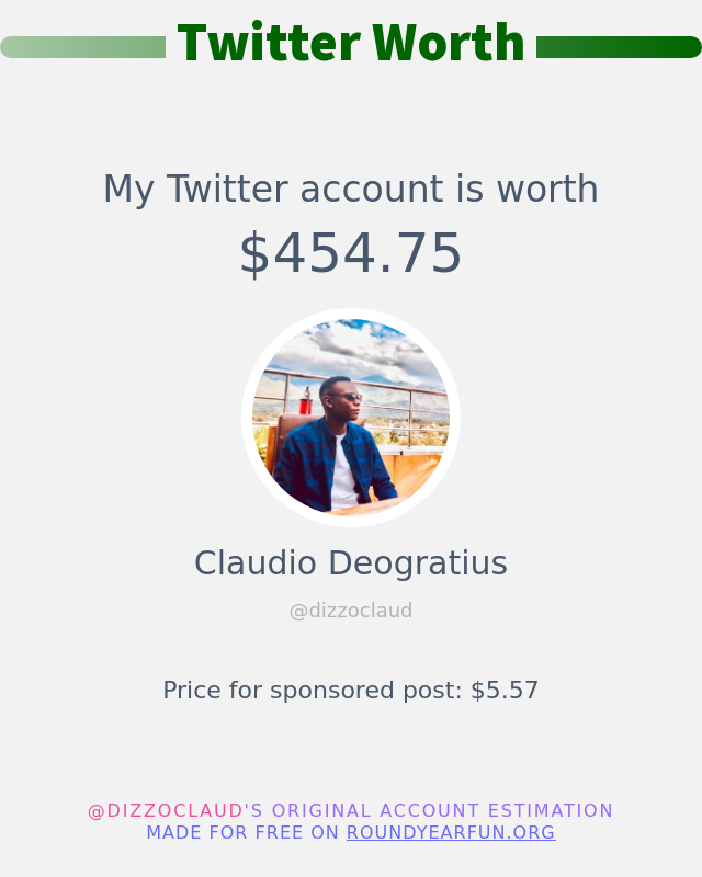 dizzoclaud's tweet photo. My Twitter worth is: $454.75

➡️ https://t.co/hZfhx5jJmg https://t.co/P7j8yApAHe