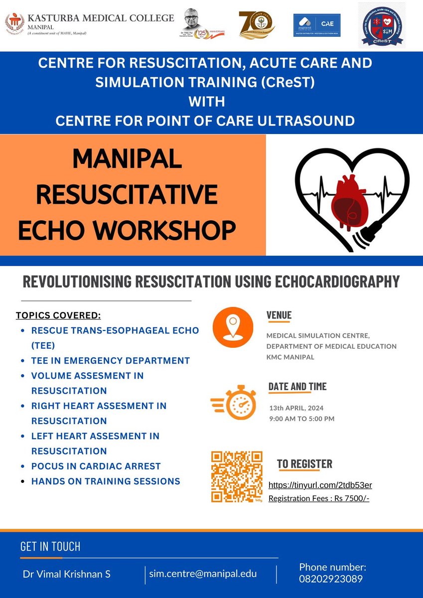 Acute Care Clinicians who want to strengthen their Resuscitation Skills! Take your #POCUS Echo skills to the next level with our high end Simulation sessions ⁦@kmc_manipal⁩ ⁦@MKmcmanipal⁩ ⁦@MAHE_Manipal⁩ #Simulation Registration link: tinyurl.com/2tdb53er