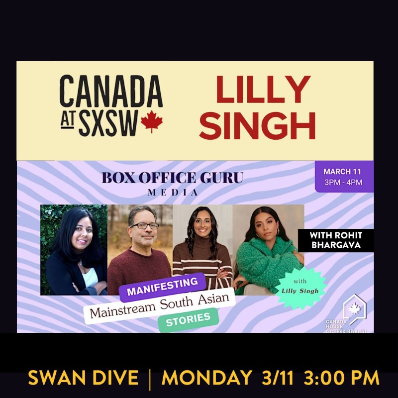 Manifest Mainstream South Asian Stories at SXSW! 

Join me, @lilly, @anitavermalallian, <a href="/GiteshPandya/">Gitesh Pandya (TikTok @gitesh.pandya)</a>, and @rohimirzapandya  for the Box Office Guru Panel at Canada House on Monday at 3:00pm. 

<a href="/sxsw/">SXSW</a> #sxsw #sxsw2024 @canadasxsw