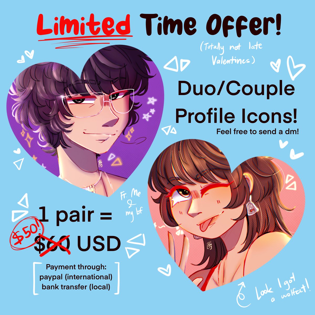percaeus_'s tweet photo. 🌱Hello! I'm opening duo/couple icons at a discounted price! This was supposed to be for Valentines but I got too busy <\3
🌱Feel free to dm me for more inquiries! Will be working on them after my finals
🌱Limited slots! (5 only)
#commissionsopen #artcommissions #artph https://t.co/qwjGVN0u0I