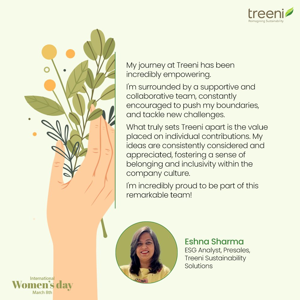 Celebrating the voices that inspire us this Women's Day! 
At Treeni, we've worked hard to foster an environment where everyone feels valued, empowered, and heard. Thank you, Eshna, for being a valuable part of the team.

#Empowerment #Inclusivity #WomensDay