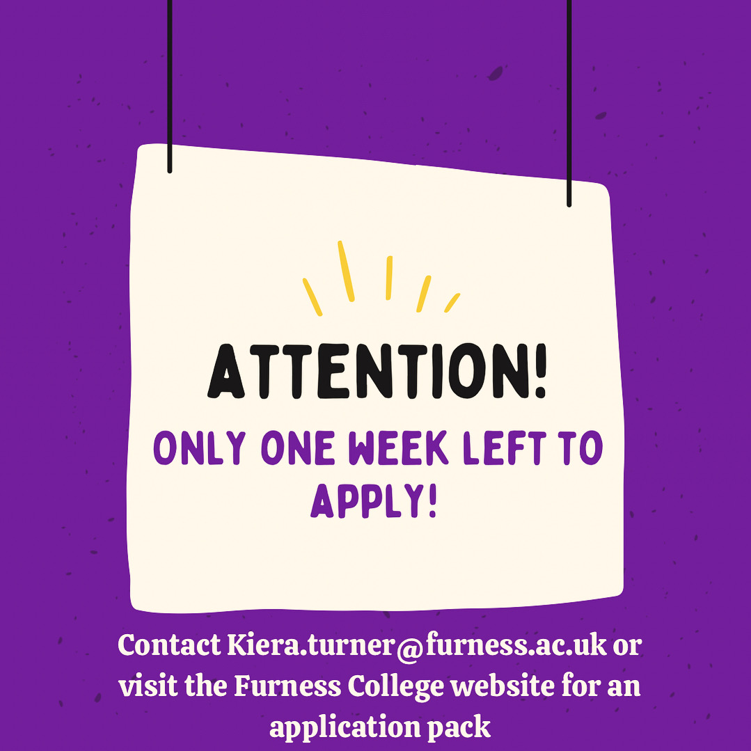 🎉 one week until applications close🎉
You only have one week left to apply for our wonderful programme! Application packs can be found on the Furness College website.  Applications need to be returned to Furness College by Friday 15th May. Good luck 🍀 #supportedinternship