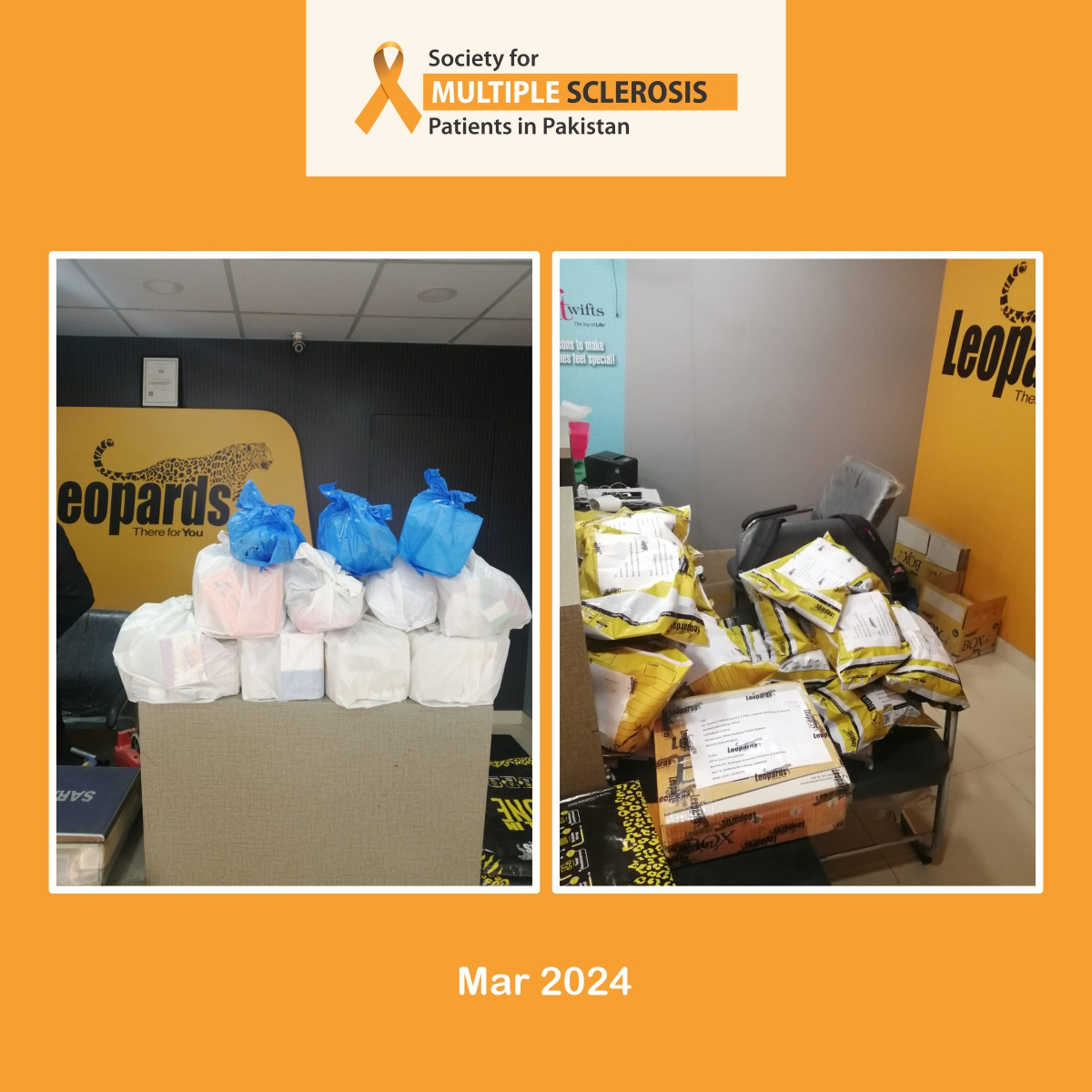 SMSPPakistan's tweet photo. A quick peek at the Leopard Courier office as medicines were brought to their facility center for dispatch on Monday 04 March 2024.

BANK: Habib Bank Limited
TITLE: SOC FOR MULTIPLE SCLEROSIS PATIENTS
ACC NO: 01827903054101
IBAN: PK15HABB0001827903054101

Call 0321 4576777

#MS https://t.co/YjX2sXsgXo