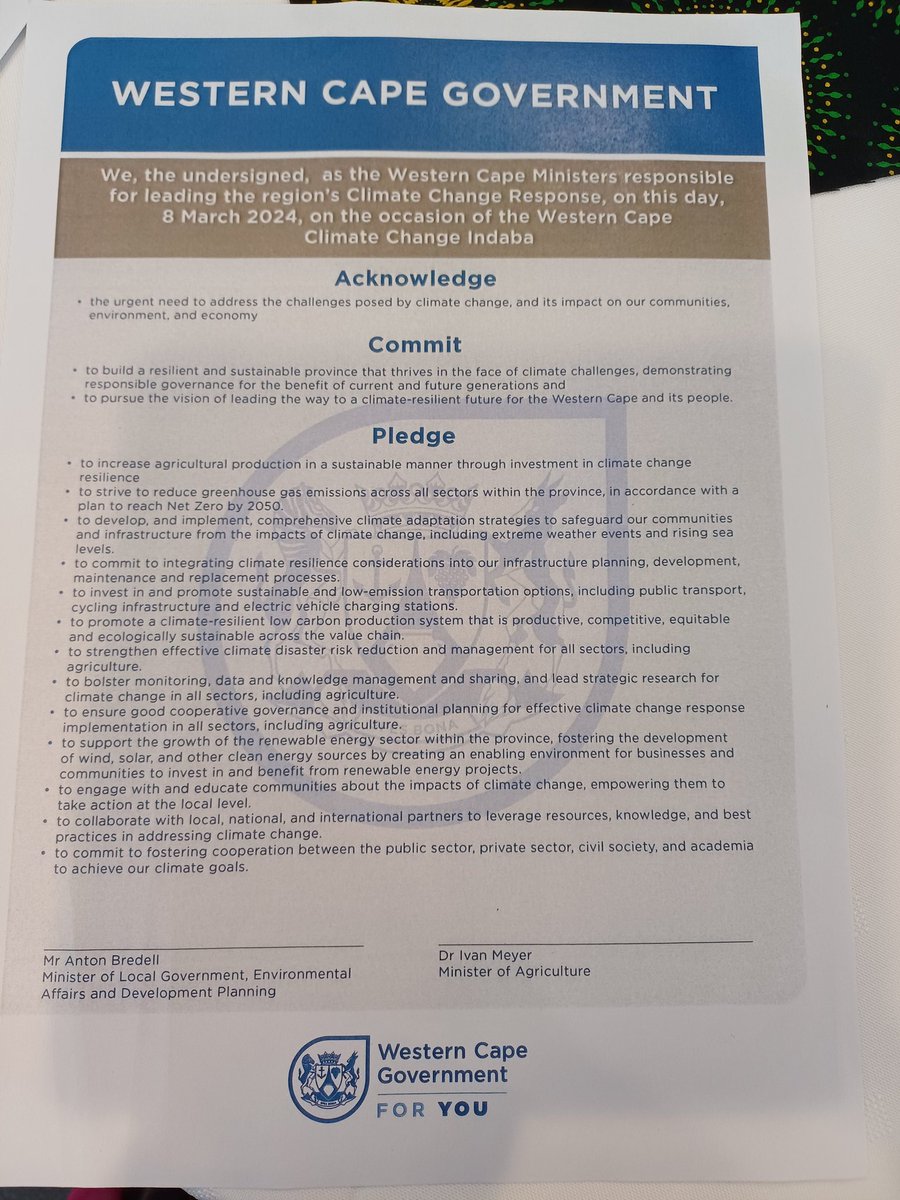 lucille_meyer's tweet photo. Exciting that @ChrysalisTokai is present at the Climate Change Indaba.  Ministers @ivan2meyer and @Anton Bredell signing the Western Cape Climate Declaration.  Historic.#Climatechangeactionplan @WesternCapeGov https://t.co/IqINBqGzGx
