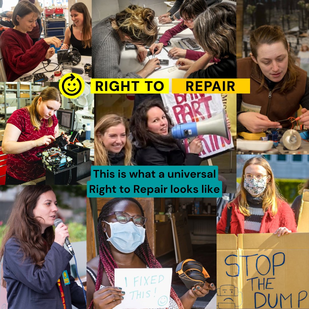 This is what a universal #RighttoRepair looks like!

In this International Women's Rights Day we want to highlight the role that women have always had in our coalition, fighting for right to #repair and against stereotypes!

Pictures from @markaphill <a href="/iFixit/">iFixit</a> and Michiel Devijver