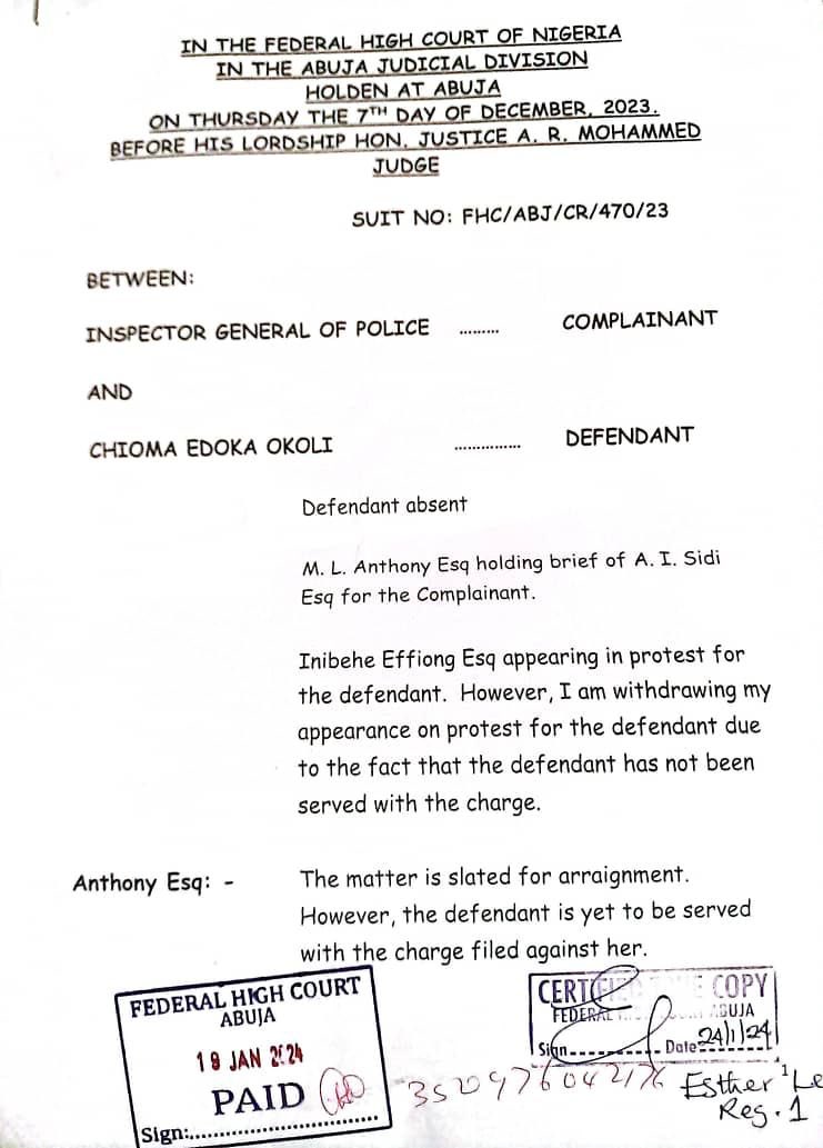 General_Oluchi's tweet photo. What this court document is saying is that the Inspector General of Police, Kayode Egbetokun dragged Chioma Okoli to court over a tin tomatoes review she left on Facebook but never served her the charges after sending men to arrest, harrass, bully and intimidate her for Eric Umeofia. 

The IG of the police is the complaint. Why is the IG of police involved in a civil matter between a consumer and a manufacturer? When did Egbetokun begin picking interest in the tomato business? 🍅 

This is what the police force has turned into! A chamber of intimidation!