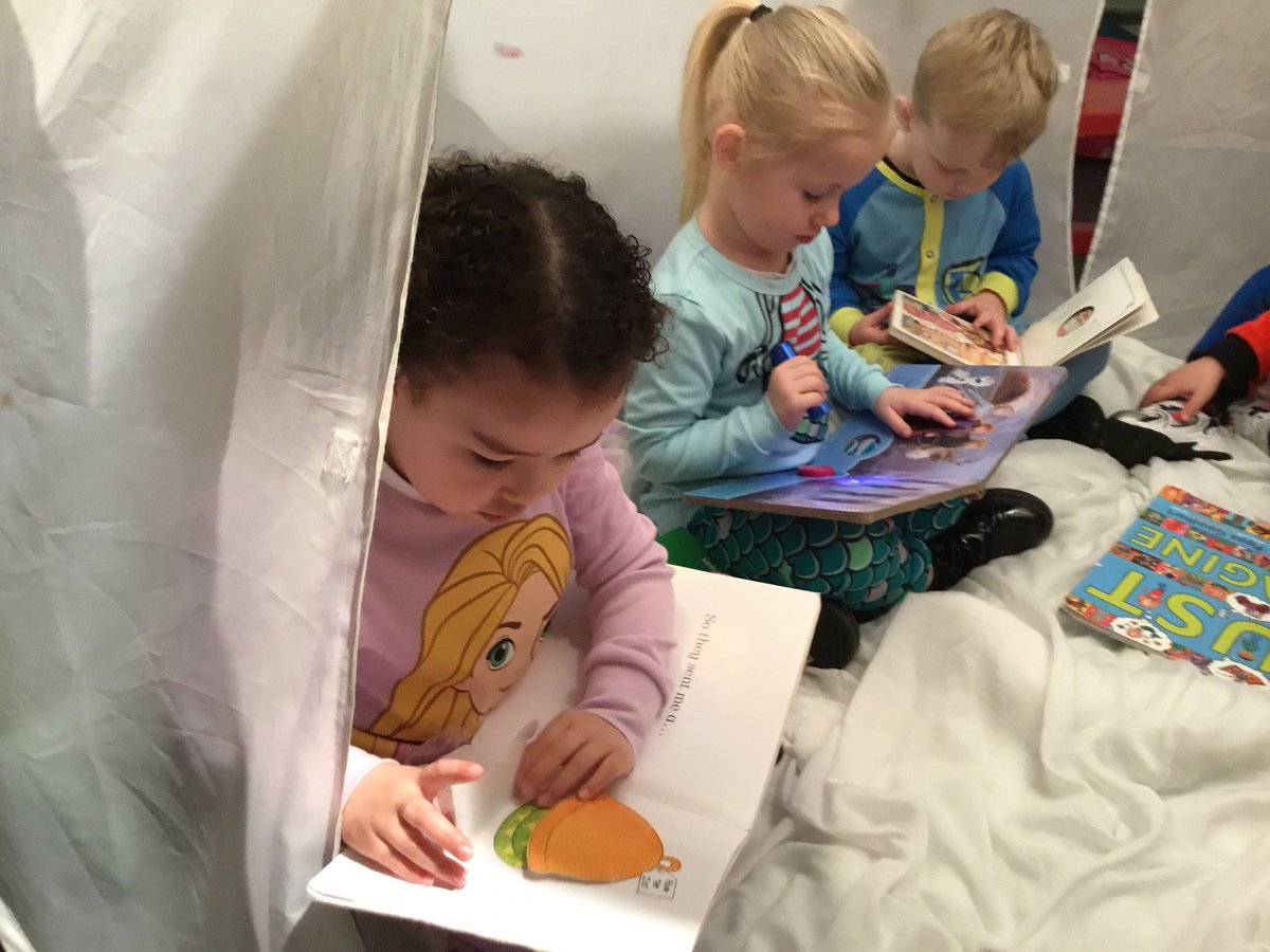 ListerinfN's tweet photo. Nursery enjoyed celebrating World Book Day. The theme this year was bedtime stories. The children were comfy and cosy reading their books by the campfire and in their dens. https://t.co/YvUP0EjohA