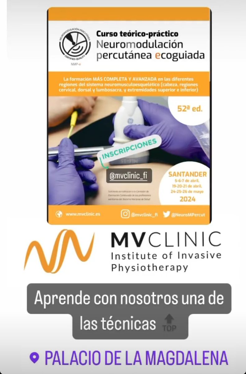 Nuevas formaciones de Neuromodulación percutánea ecoguiada #neuromodulacion #valencia #Madrid #santander  formación TOP 60 horas teórico-práctica. No aceptes imitaciones ... Más de 50 ediciones, títulos Máster y formación posgrado nacional e internacional. <a href="/MVClinic/">MVClinic Institute</a> <a href="/FisioOceano/">Fisioterapia Oceano</a>
