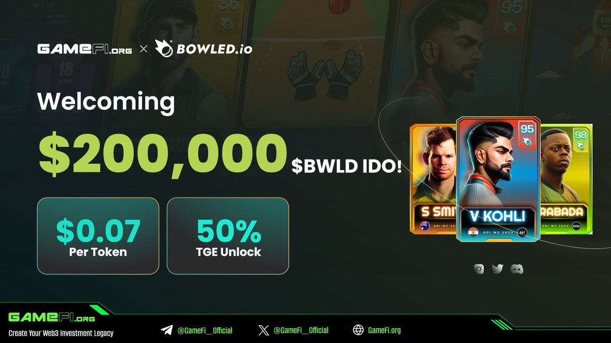 🌖 $200,000 $BWLD IDO Whitelist Now Open!
Let’s create the next-gen of Sportsverse with <a href="/bowleddotio/">Bowled.io</a>, a multi-sport &amp; multi-genre gaming platform backed by <a href="/SkyMavisHQ/">Sky Mavis</a> and supported by 60K+ monthly active users ⚾️🎮

👉 Apply Whitelist: gamefi.org/ido/bowled 🔗 (Mar 8 - Mar 18)