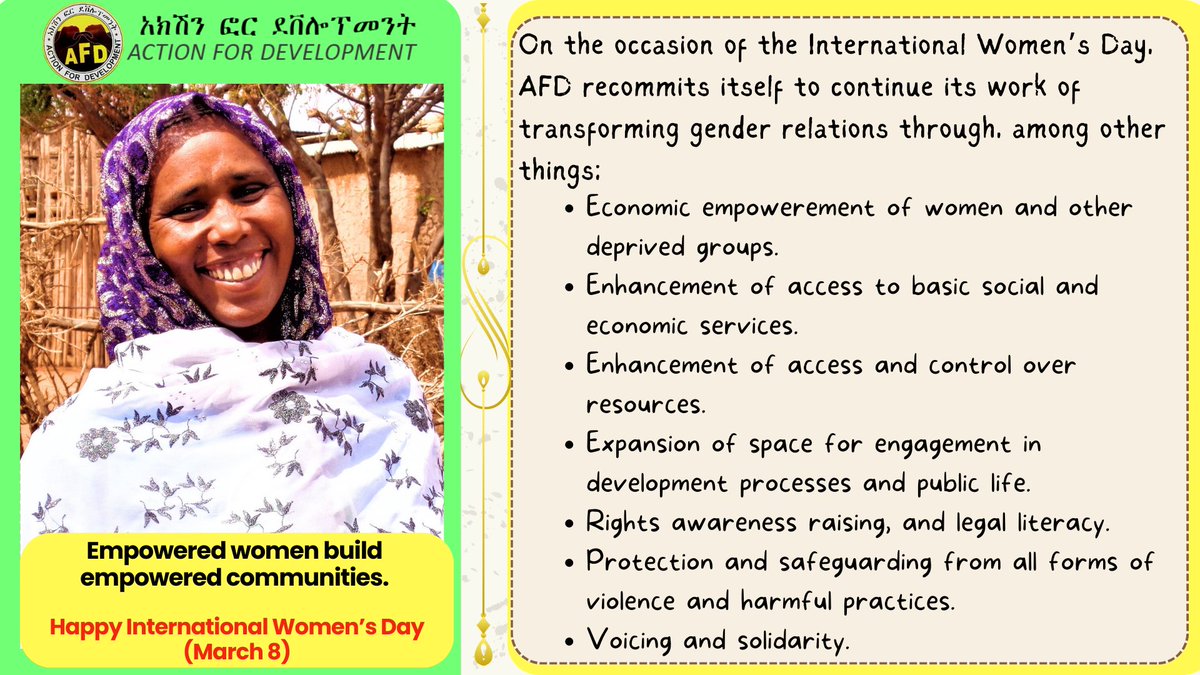 afdethiopia's tweet photo. Happy International Women's Day (March 8)
#WomensDay2024 #WomenEmpowerment #WomensDay #WomenRights #March8WomenDay #AfD #civicengagement #EqualityForAll #right https://t.co/7kmcvDJpXQ