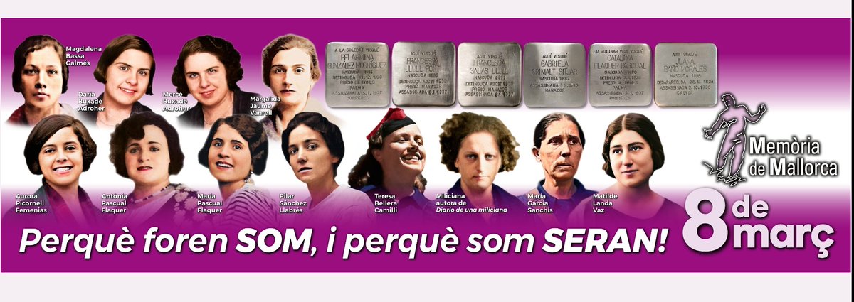 Avui, #8M, lluirem aquesta pancarta amb les dones assassinades a Mallorca arrel del cop d'Estat xò tbé ho farem en representación de TOTES les dones q patiren repressió de qualsevol tipus i d'aquelles q encara avui pateixen les consqüències.
Per elles aquest homenatge 👇
#8M2024