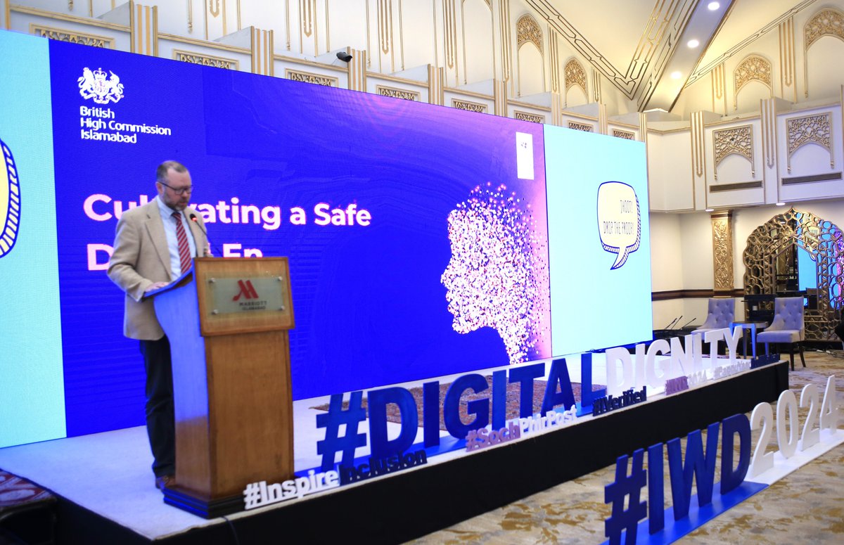 UNDP_Pakistan's tweet photo. UNDP Safe Digital Environment Programme, in collaboration with @UKinPakistan organized a special event for International Women’s Day. The event “Cultivating a Safe Digital Environment” highlighted key challenges & opportunities for women in the digital space. Senior dignitaries including former SAPM @taidrus, #BHCIslamabad’s Head of Open Societies Andrew Bowden, #UNDPinPakistan’s RR @SamuelRizk & DRR @Van_ntn addressed the participants, emphasizing the importance of digital space for opening new avenues for women.
