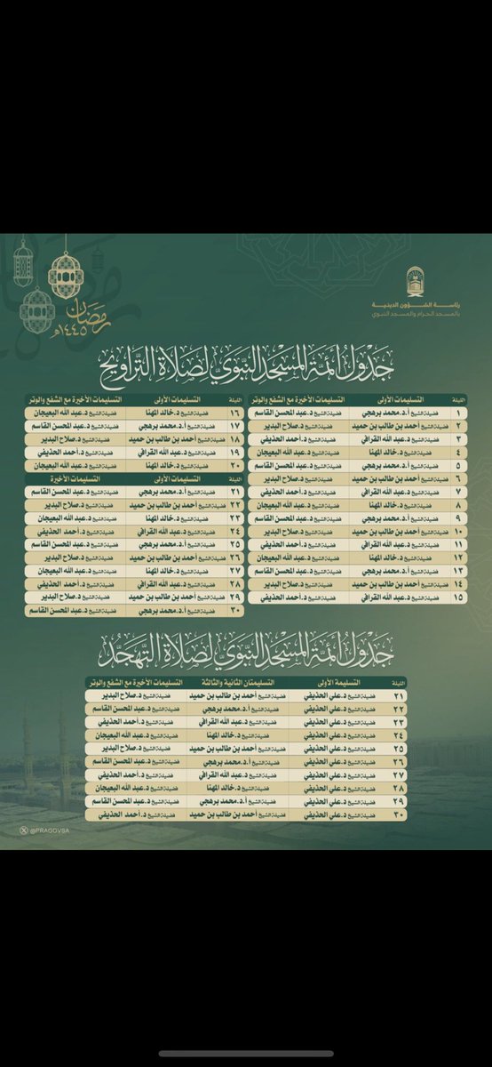 omarbakarada's tweet photo. جدول صلاة القيام في #الحرمين_الشريفين لعام 1445هـ 2024 وفق الله الائمة وأعانهم ونفع بهم  #تنظيم_ايقاف_الخدمات https://t.co/p3VKzhB6l9