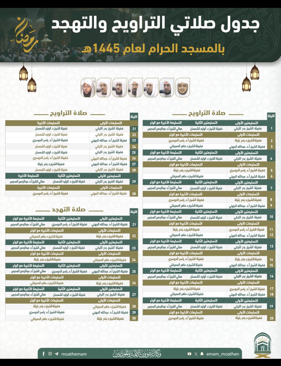 omarbakarada's tweet photo. جدول صلاة القيام في #الحرمين_الشريفين لعام 1445هـ 2024 وفق الله الائمة وأعانهم ونفع بهم  #تنظيم_ايقاف_الخدمات https://t.co/p3VKzhB6l9
