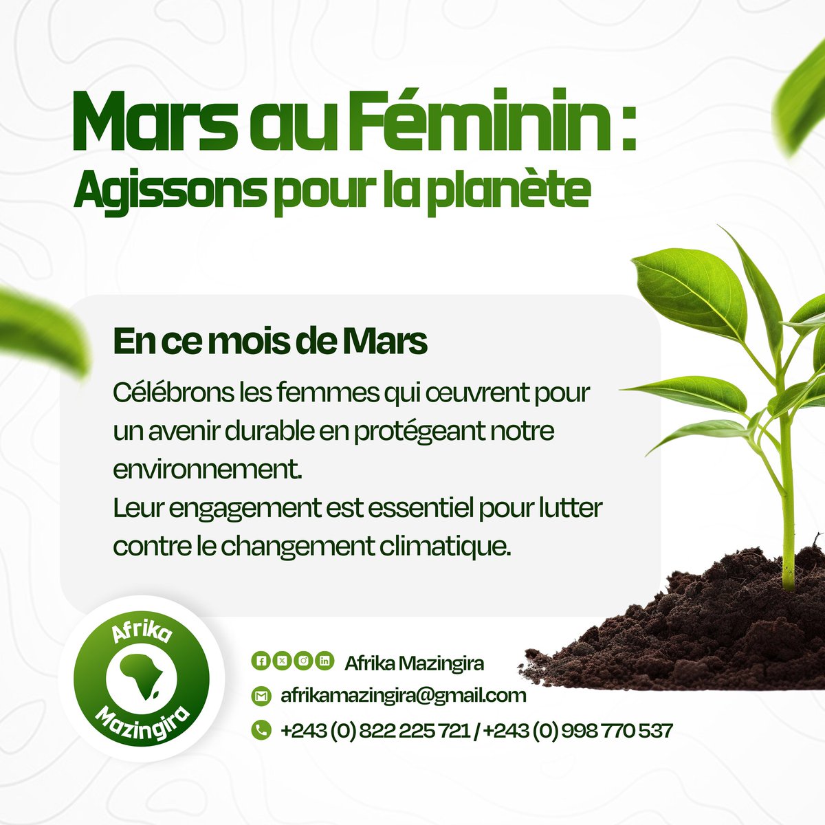 🌍🌱 En ce #8Mars, nous célébrons la remarquable contribution des femmes à la sensibilisation sur la protection de l'environnement et leur engagement pour préserver notre planète.

♀️ Rejoignez-nous dans cette campagne en ligne et encourageons plus d'initiatives durables. ⤵️