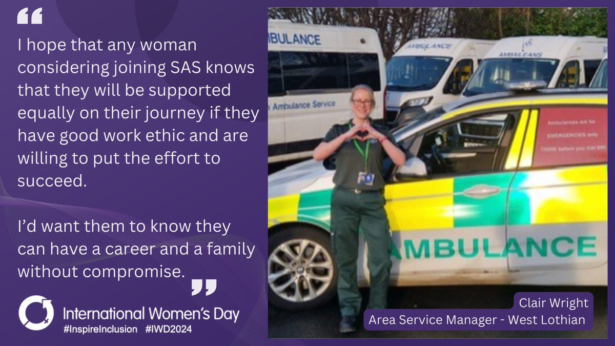 For #IWD2024 we are highlighting women in SAS starting with Clair Wright, ASM for West Lothian. 

We asked Clair what she would say to any women considering a career with the Scottish Ambulance Service. 

#InspiringInclusivity #InternationalWomensDay #IWD