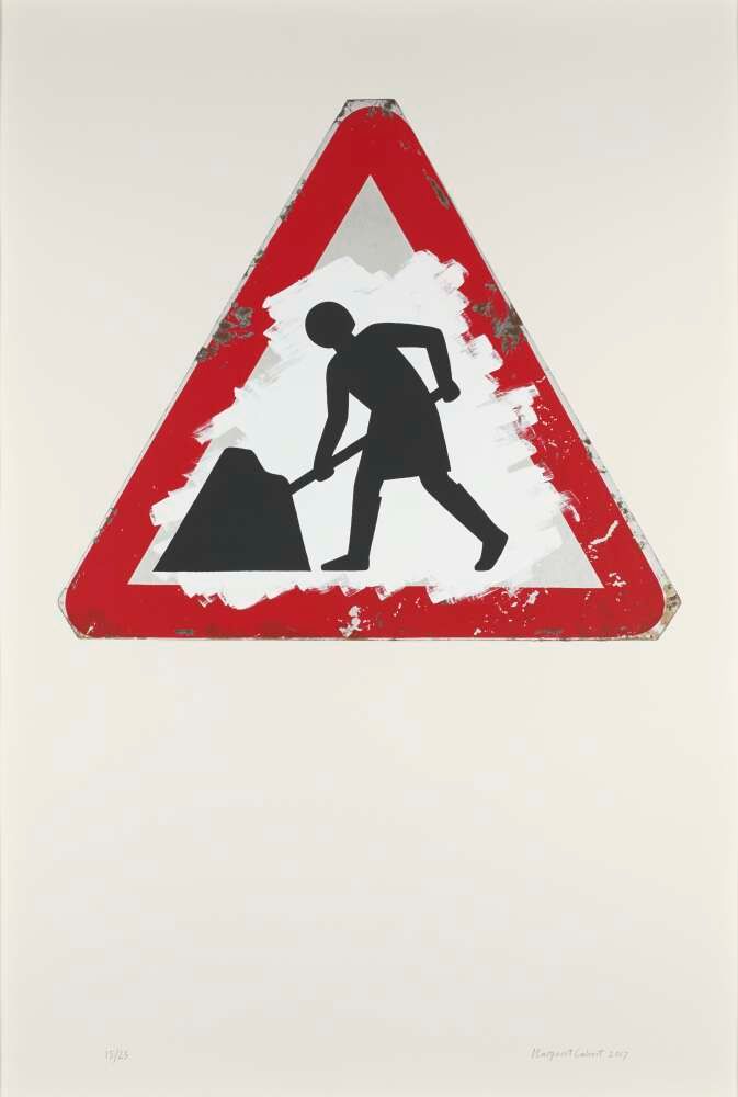 Does this roadsign seem familiar? #MargaretCalvert is best known for designing the UK road sign system with Jock Kinneir, launched on British roads in January 1965 and still in place today. The iconic Man at Work sign provided the starting point for her painting Woman at Work.