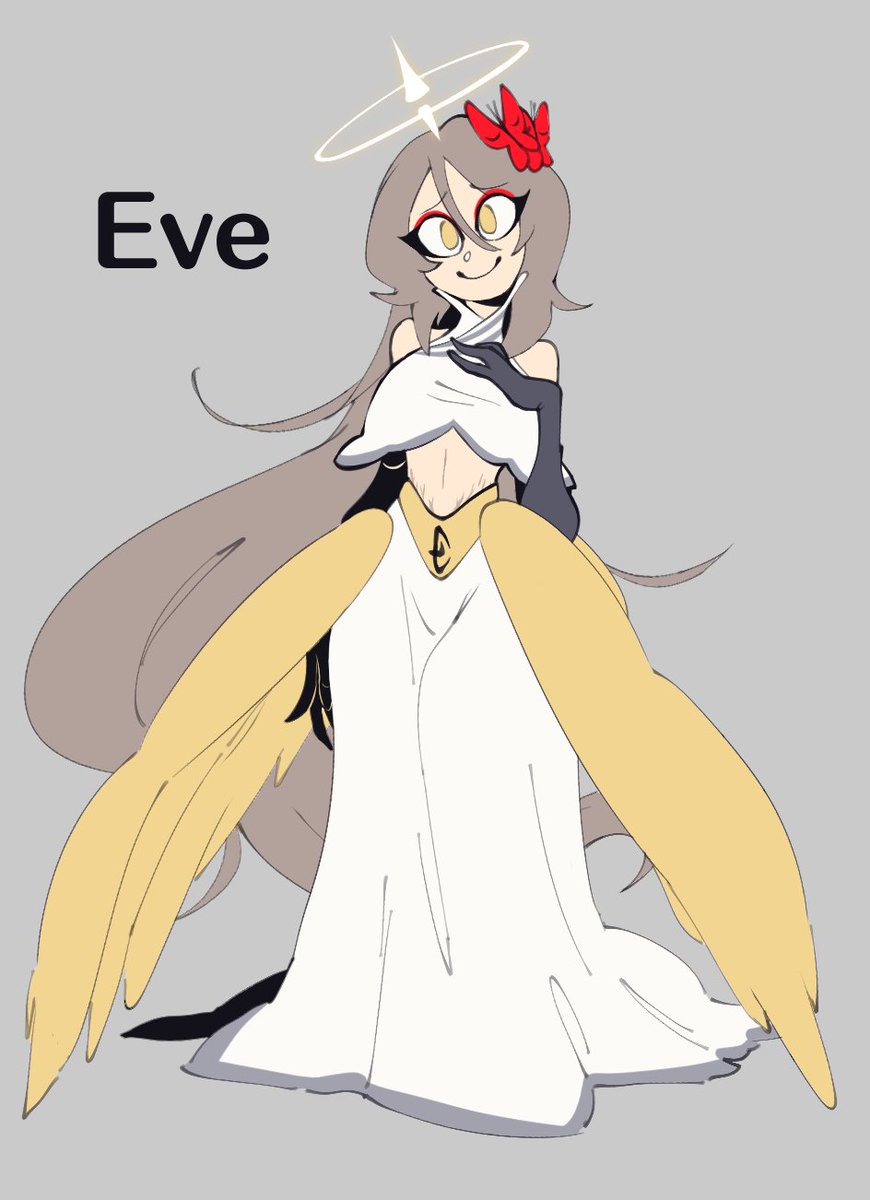 TickieArt's tweet photo. My version of Eve
I wanted to keep her simple and kinda matching with Adam but with more rounded shapes and mommy vibes.

I used a butterfly as a motif for her as well as red bec the apple
#HazbinHotelEve #HazbinHotel #HazbinHotelFanart https://t.co/g3HXFgFxwr