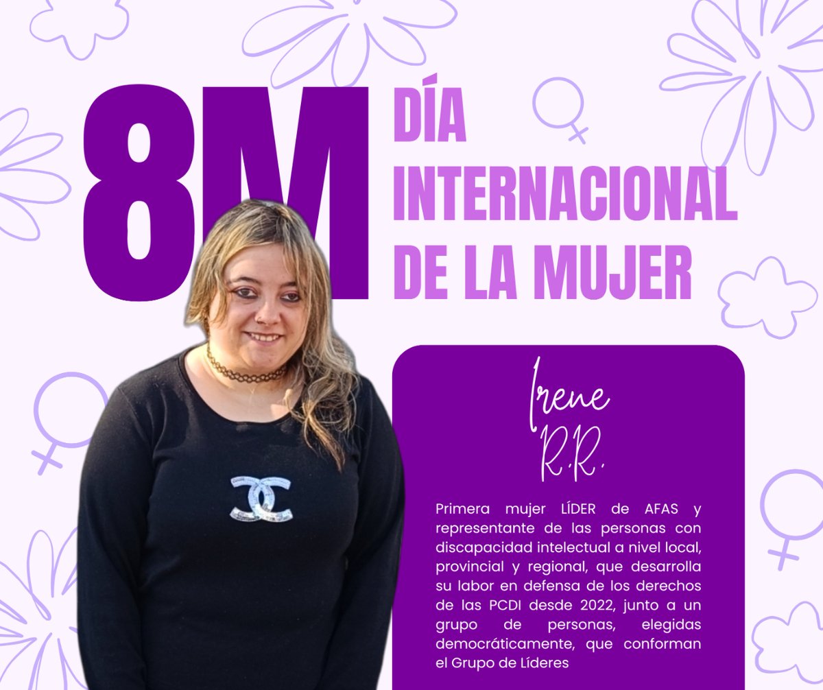 ♀️ En el #DíaInternacionalDeLaMujer resaltamos la figura de Irene, primera mujer LIDER de AFAS y representante de las PCDI, a nivel local, provincial y regional, para defender sus derechos junto a un grupo de personas que conforman el Grupo de Líderes. 
#MujeresQueHacenHistoria