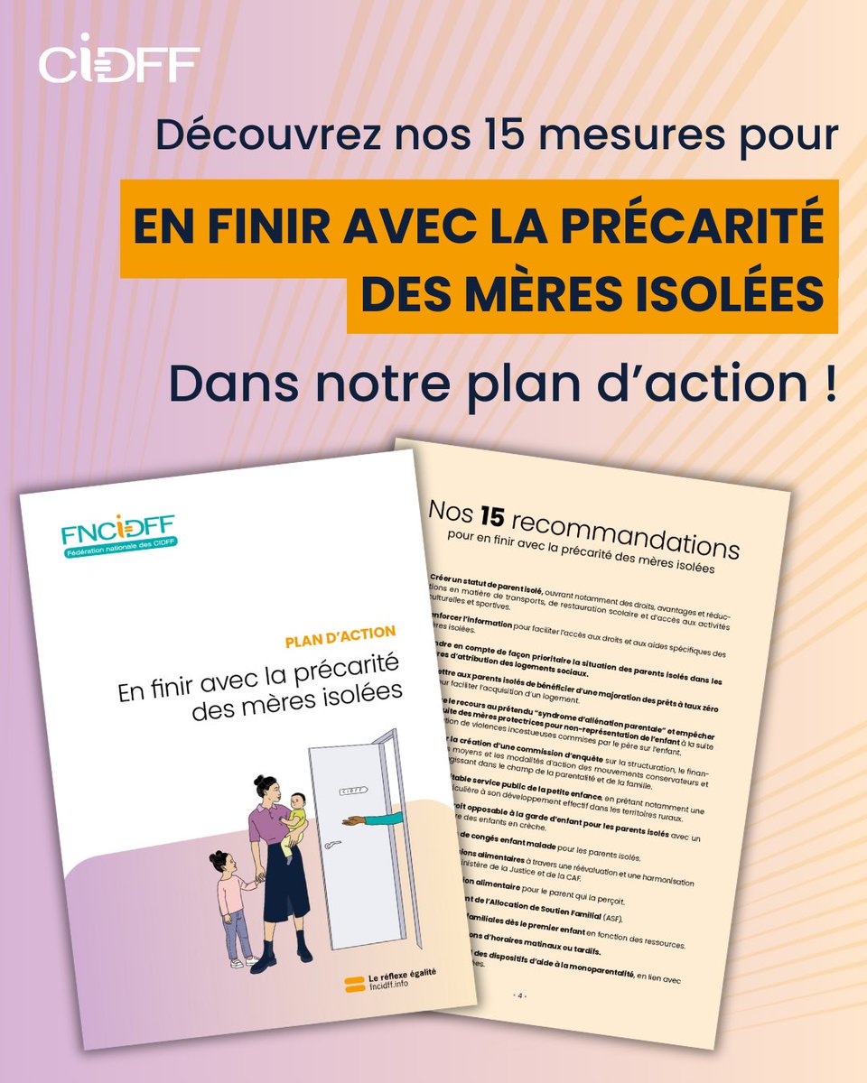📣 À l’occasion de la journée internationale des droits des femmes, la Fédération nationale des CIDFF publie ce #8mars2024 son plan d’action pour en finir avec la précarité des mères isolées.

✅ Découvrez sans plus attendre nos 15 recommandations !