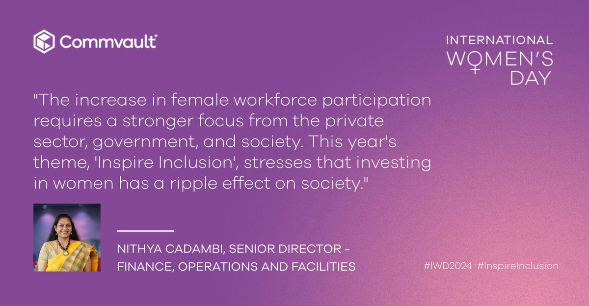 CommvaultAsia's tweet photo. This #InternationalWomensDay, #Commvault's Nithya Cadambi shares her thoughts on the inspiring narrative of resilience and broader societal transformation. 

Read more in this @dqchannelsindia story: https://t.co/GStz6bT7Wt
 
#IWD2024 #InspireInclusion https://t.co/PNx2vxsQ8c