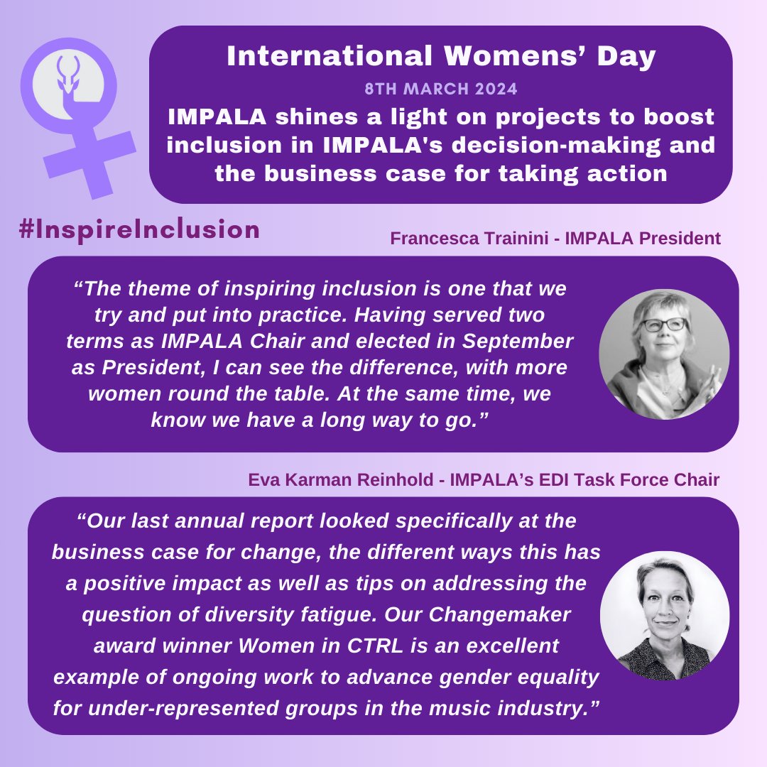 IMPALAMusic's tweet photo. 🌟On International Women's Day, IMPALA shines a light on projects to boost inclusion in decision-making and the business case for action. #InspireInclusion,  #IWD2024

Statement 👉 https://t.co/bdImsOEQMB https://t.co/QHAOyg2Md2
