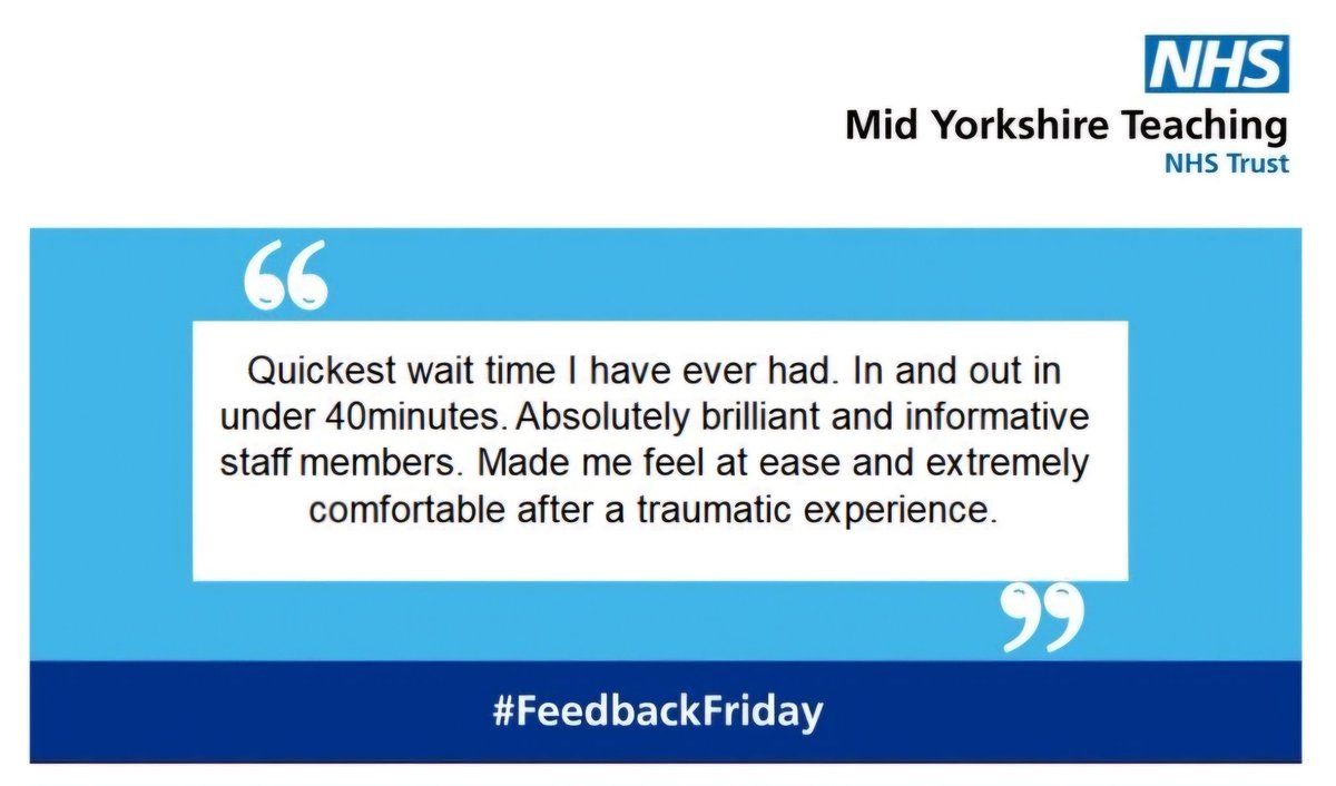 On this #FeedbackFriday we wanted to share this feedback we received regarding our Pontefract Urgent Treatment Centre (UTC) from one of our patients! Well done & thank you to all involved 👏 Another great example of our teams demonstrating @MidYorkshireNHS values! #NHS #UTC